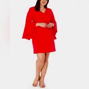 Eliza J Red Bell Sleeve V-Neck Shift Dress Plus Size 18W Tiered Ruffle‎ Crepe